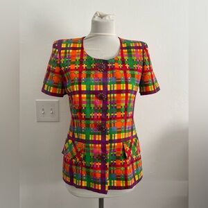 David Warren Vintage Women Suit Jacket 6 Colorful Plaid Short Sleeves 60s 70s